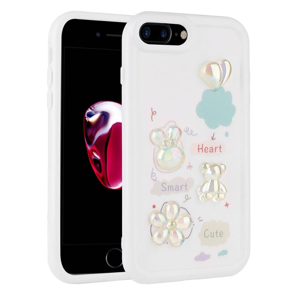 Apple  iPhone 8 Plus Kılıf Kamera Korumalı Kabartma Figürlü Parlak Silikon Kapak (Toys) Beyaz
