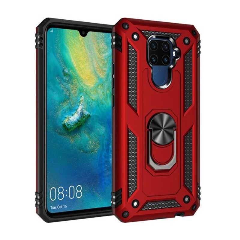 Huawei Mate 30 Lite Kılıf Tank Zırh Yüzüklü Mıknatıslı Standlı Kapak (VEGA) Kırmızı