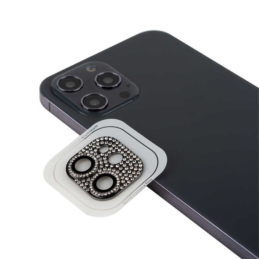 Apple iPhone 12 Mini Kamera Lens Koruyucu Parıldayan Taşlı ve Renkli Kolay Takma Aparatlı (CL-08) Gümüş