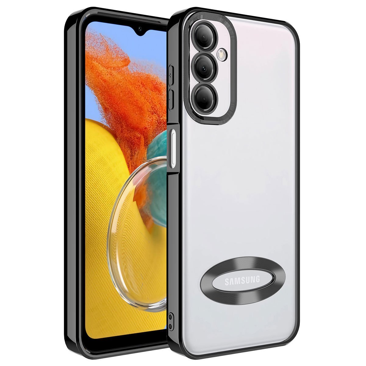 Samsung Galaxy M14 Kılıf Kamera Lens Korumalı Logo Gösteren Parlak Kenarlı Kapak (OMEGA) Siyah