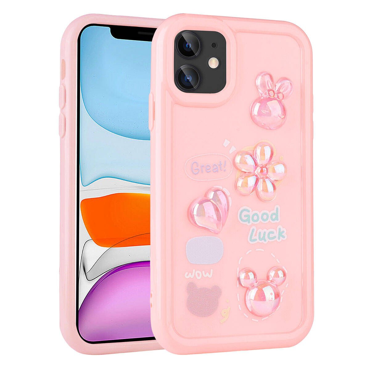 Apple iPhone 11 Kılıf Kamera Korumalı Kabartma Figürlü Parlak Silikon Kapak (Toys) Pembe