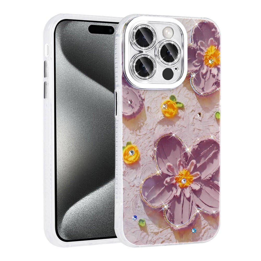 Apple iPhone 15 Pro Kılıf Çiçek Desenli Parlak Taşlı Sert Silikon Kapak (Garden) Mor