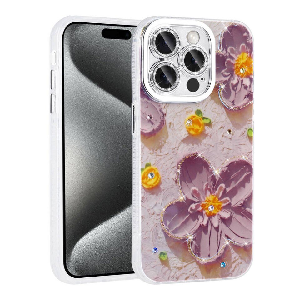 Apple iPhone 15 Pro Kılıf Çiçek Desenli Parlak Taşlı Sert Silikon Kapak (Garden) Mor