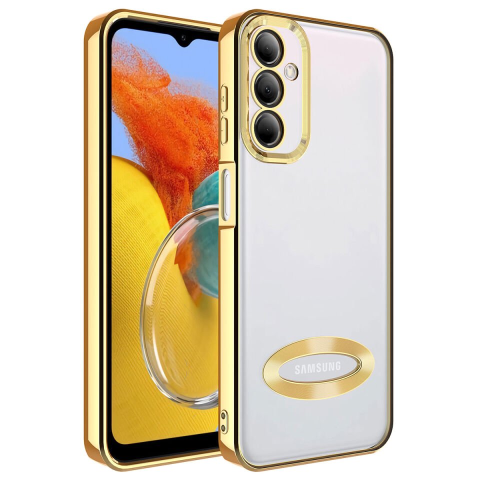 Samsung Galaxy M14 Kılıf Kamera Lens Korumalı Logo Gösteren Parlak Kenarlı Kapak (OMEGA) Gold