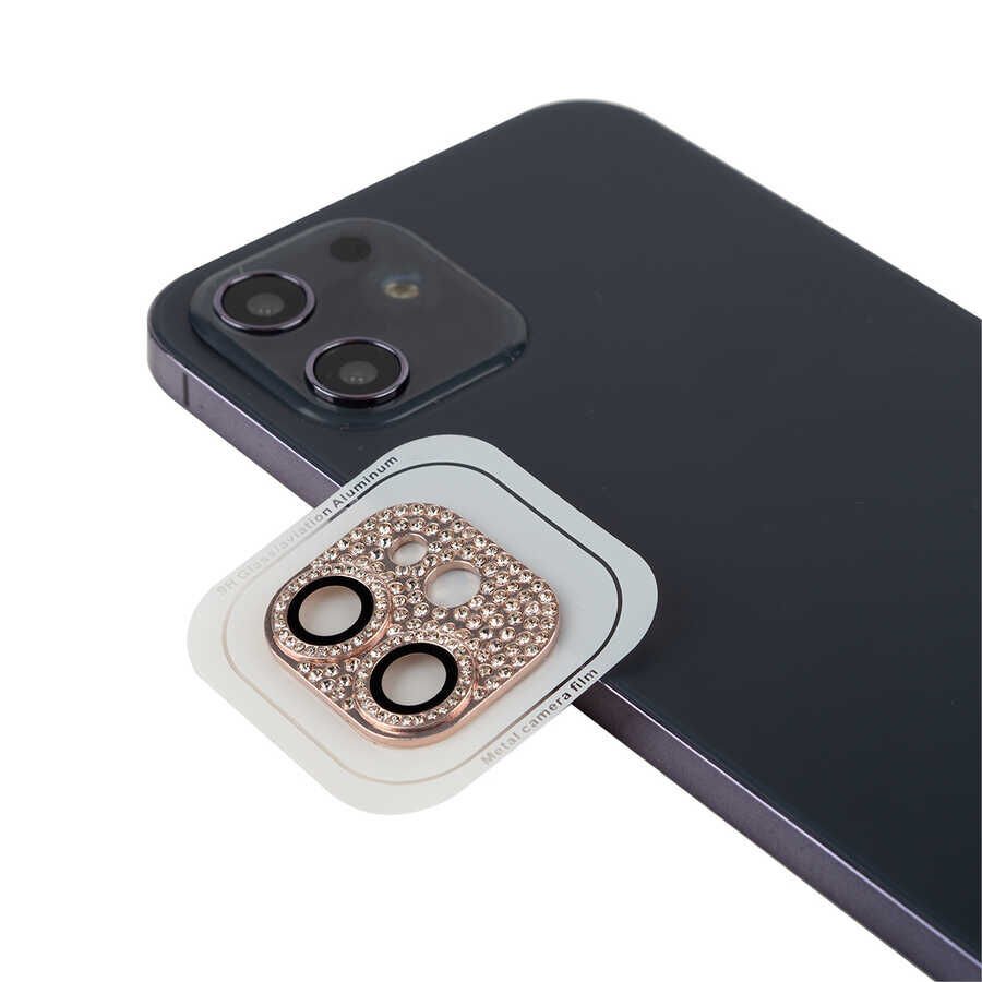 Apple iPhone 12 Kamera Lens Koruyucu Parıldayan Taşlı ve Renkli Tasarım Kolay Takma Aparatlı (CL-08) Kırmızı