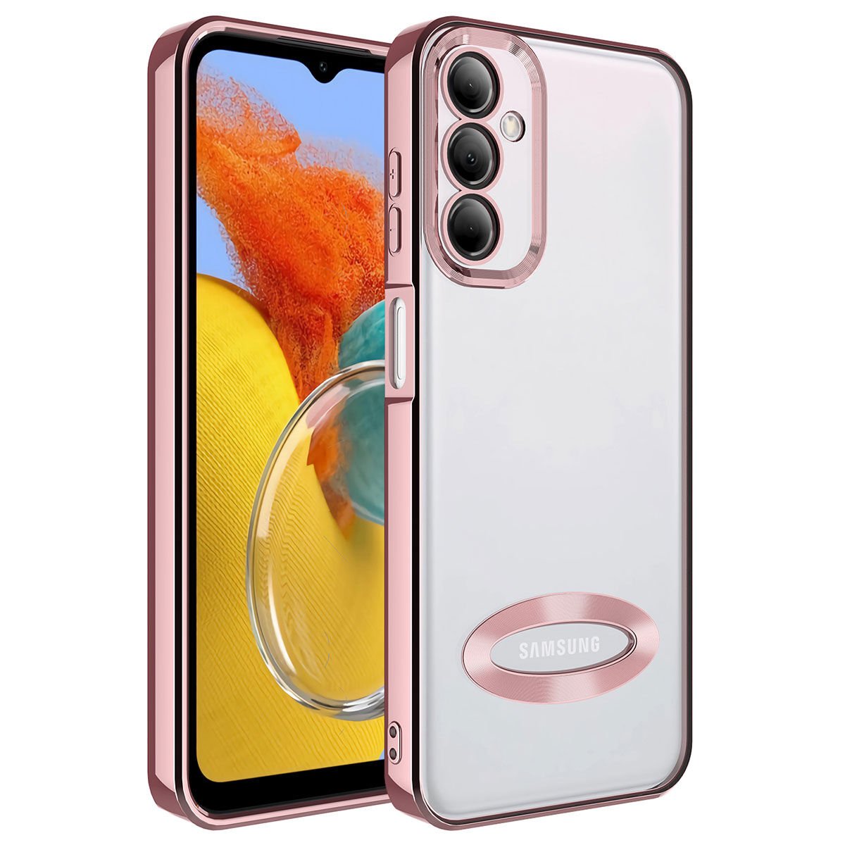 Samsung Galaxy M14 Kılıf Kamera Lens Korumalı Logo Gösteren Parlak Kenarlı Kapak (OMEGA) Rose Gold