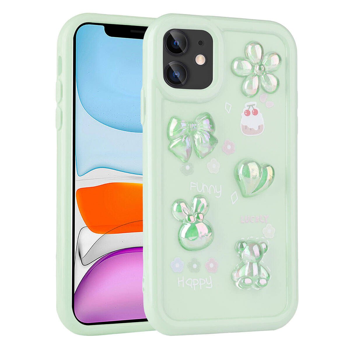 Apple iPhone 11 Kılıf Kamera Korumalı Kabartma Figürlü Parlak Silikon Kapak (Toys) Açık Yeşil