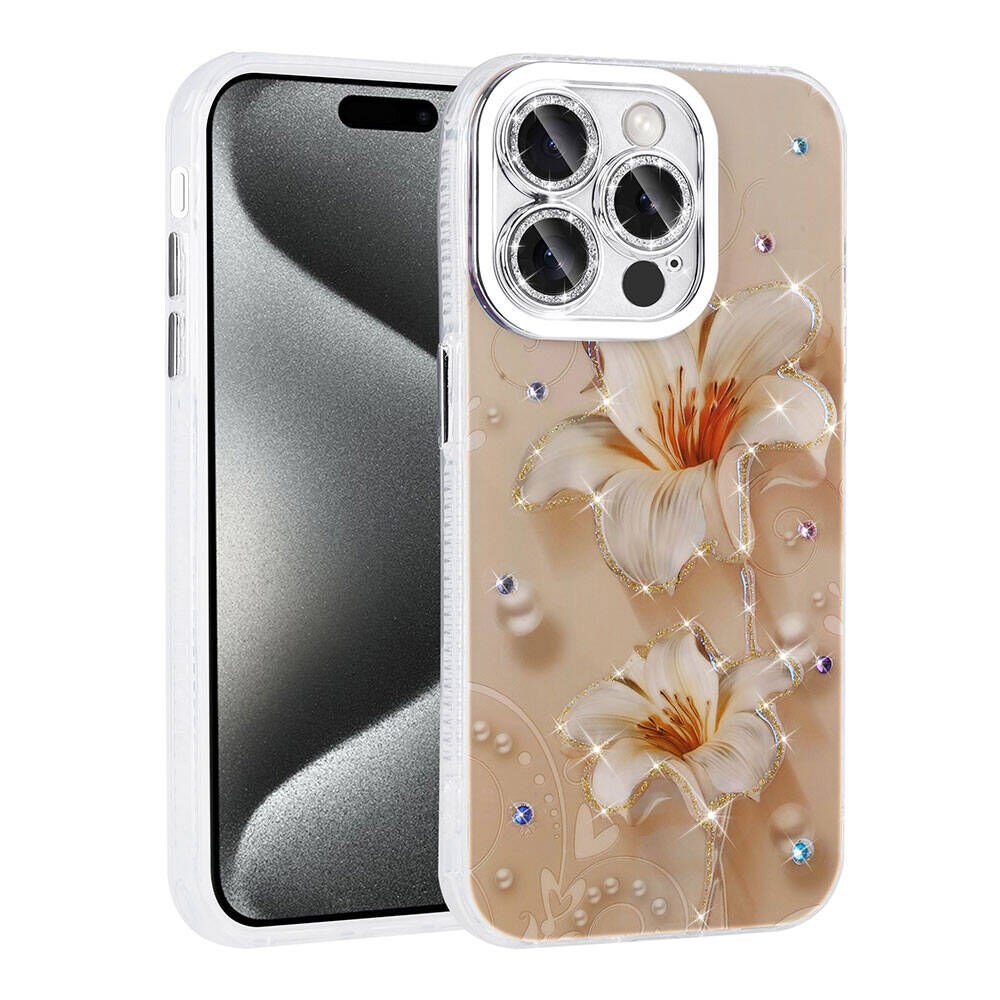 Apple iPhone 15 Pro Kılıf Çiçek Desenli Parlak Taşlı Sert Silikon Kapak (Garden) Pembe Açık