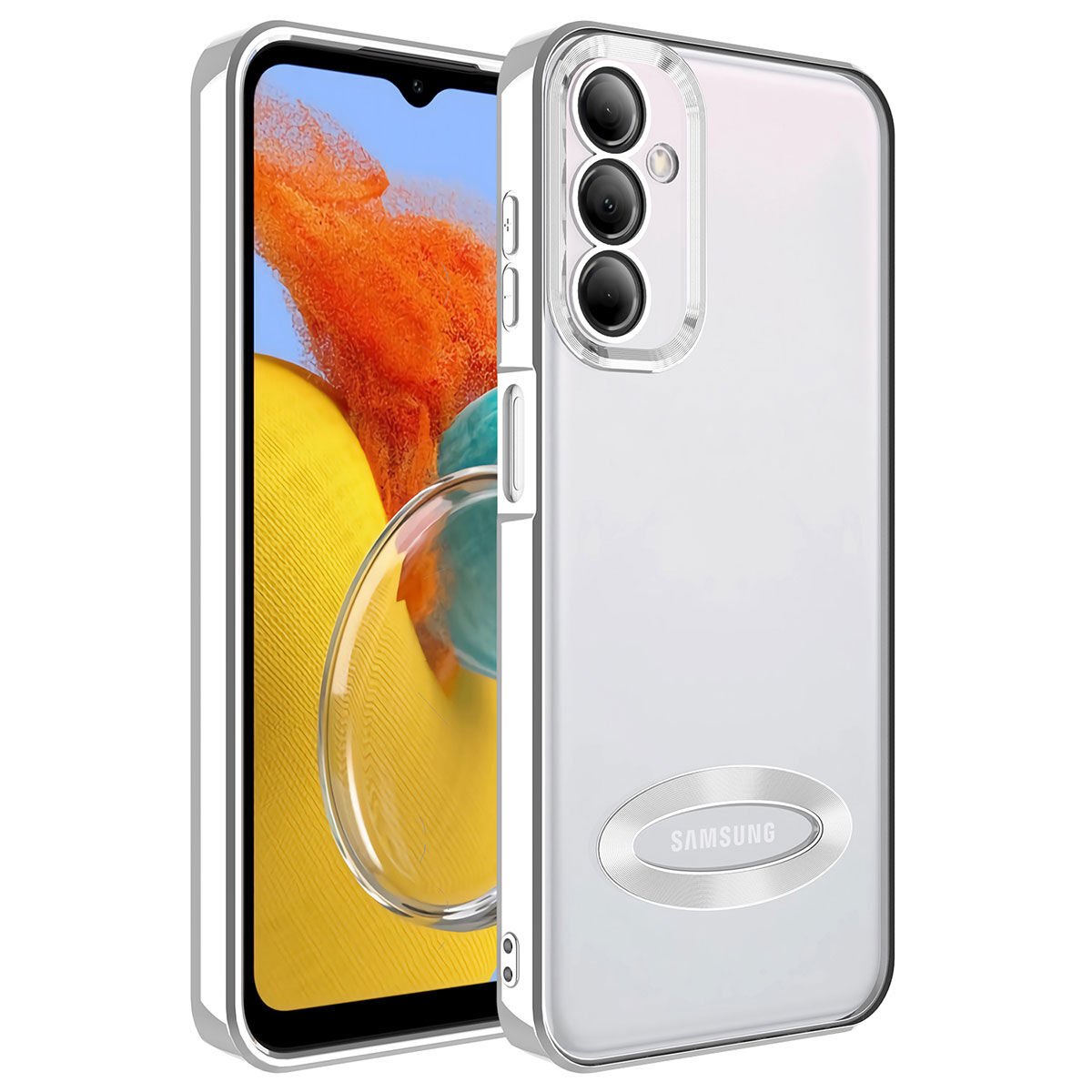 Samsung Galaxy M14 Kılıf Kamera Lens Korumalı Logo Gösteren Parlak Kenarlı Kapak (OMEGA) Gümüş