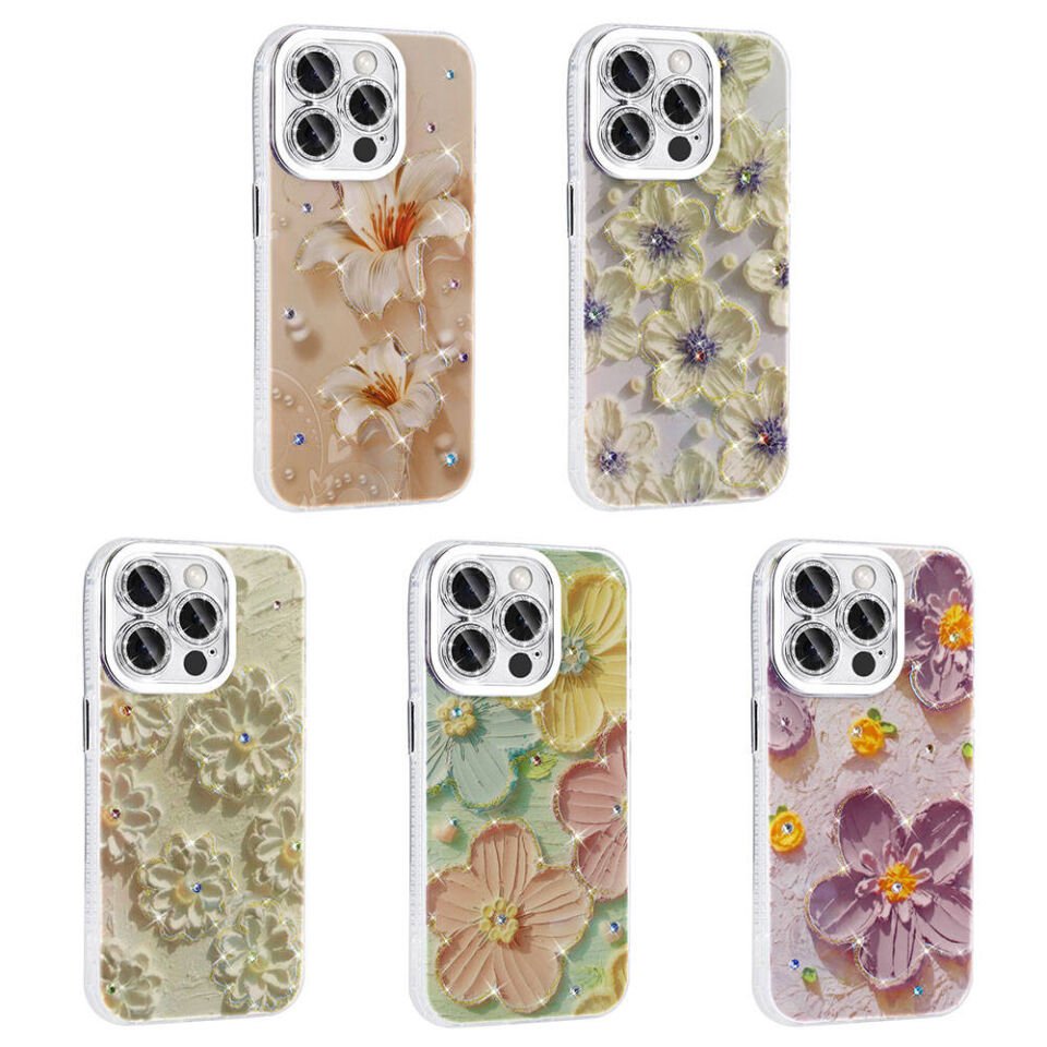 Apple iPhone 15 Pro Kılıf Çiçek Desenli Parlak Taşlı Sert Silikon Kapak (Garden) Colorful