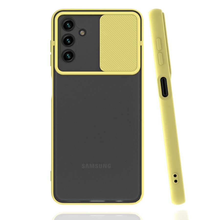 Samsung Galaxy A13 5G Kılıf Slayt Sürgülü Kamera Korumalı Renkli Silikon Kapak Sarı