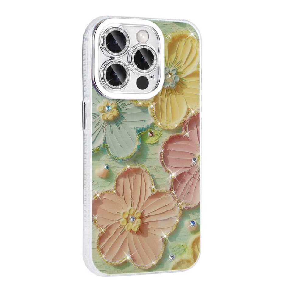 Apple iPhone 15 Pro Max Kılıf Çiçek Desenli Parlak Taşlı Sert Silikon Kapak (Garden) Mavi