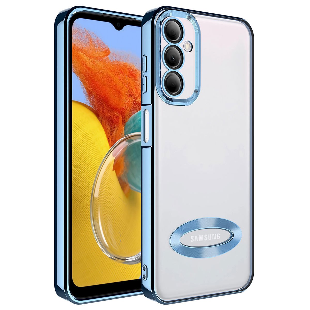 Samsung Galaxy M14 Kılıf Kamera Lens Korumalı Logo Gösteren Parlak Kenarlı Kapak (OMEGA) Sierra Mavi