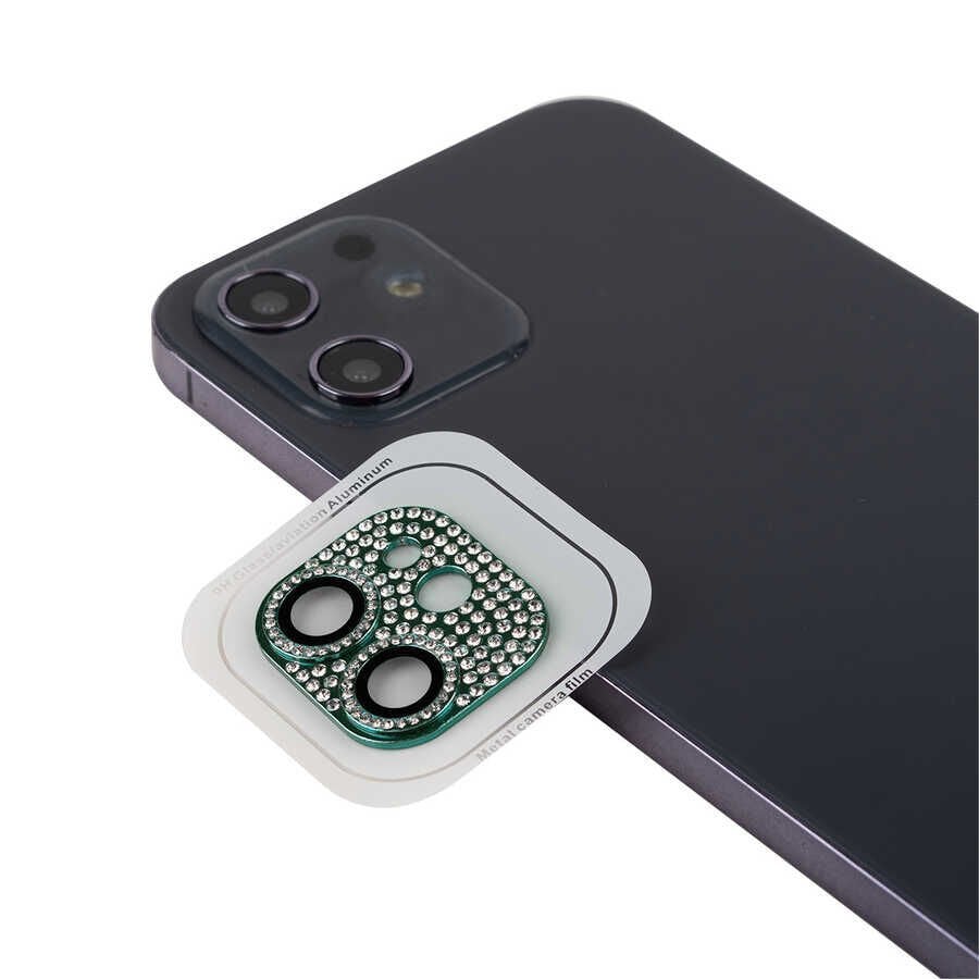 Apple iPhone 12 Kamera Lens Koruyucu Parıldayan Taşlı ve Renkli Tasarım Kolay Takma Aparatlı (CL-08) Koyu Yeşil