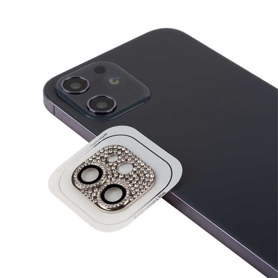 Apple iPhone 12 Kamera Lens Koruyucu Parıldayan Taşlı ve Renkli Tasarım Kolay Takma Aparatlı (CL-08) Gümüş