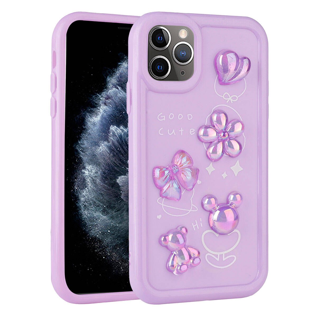 Apple iPhone 11 Pro Max Kılıf Kamera Korumalı Kabartma Figürlü Parlak Silikon Kapak (Toys) Mor