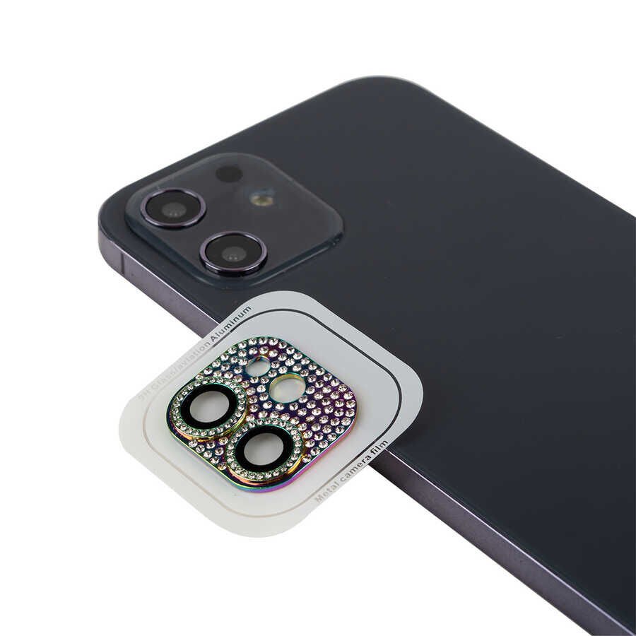 Apple iPhone 12 Kamera Lens Koruyucu Parıldayan Taşlı ve Renkli Tasarım Kolay Takma Aparatlı (CL-08) Colorful