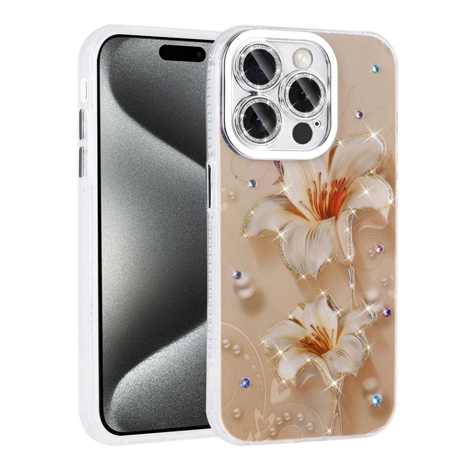 Apple iPhone 15 Pro Max Kılıf Çiçek Desenli Parlak Taşlı Sert Silikon Kapak (Garden) Colorful