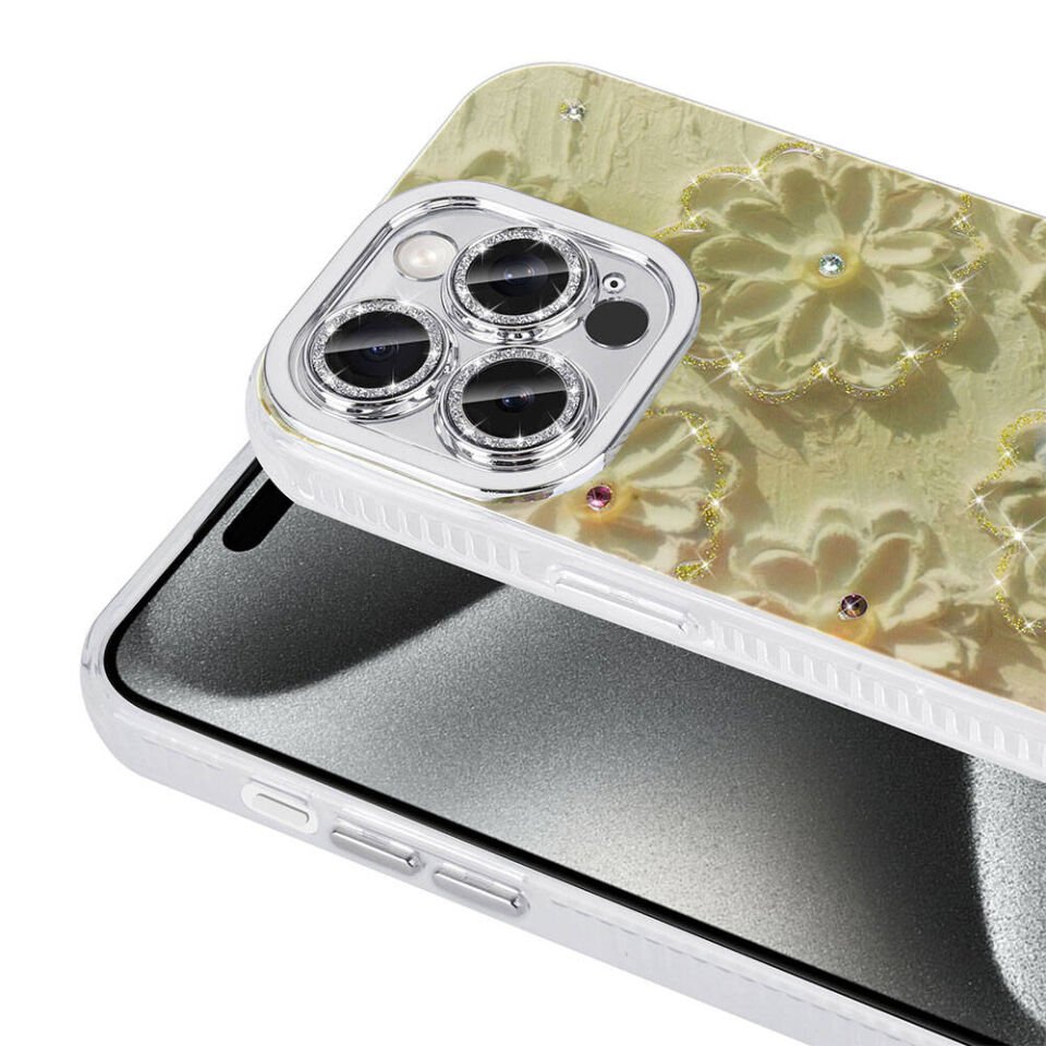 Apple iPhone 15 Pro Max Kılıf Çiçek Desenli Parlak Taşlı Sert Silikon Kapak (Garden) Colorful