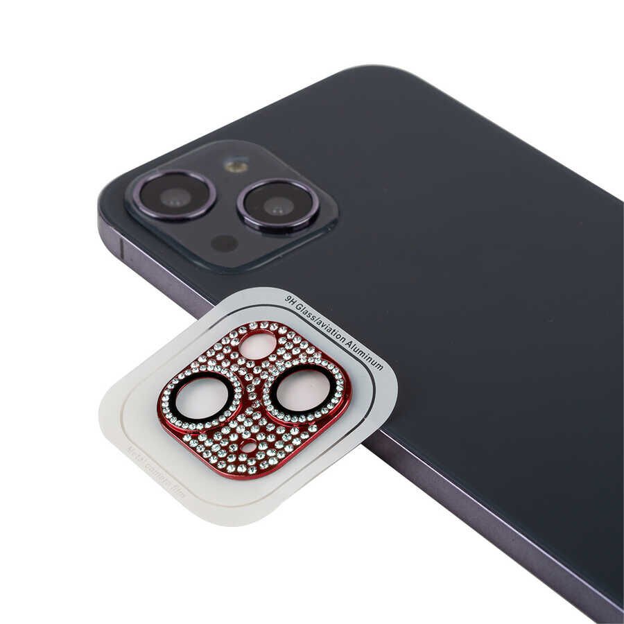 Apple iPhone 13 Mini Kamera Lens Koruyucu Parıldayan Taşlı ve Renkli Kolay Takma Aparatlı (CL-08) Kırmızı