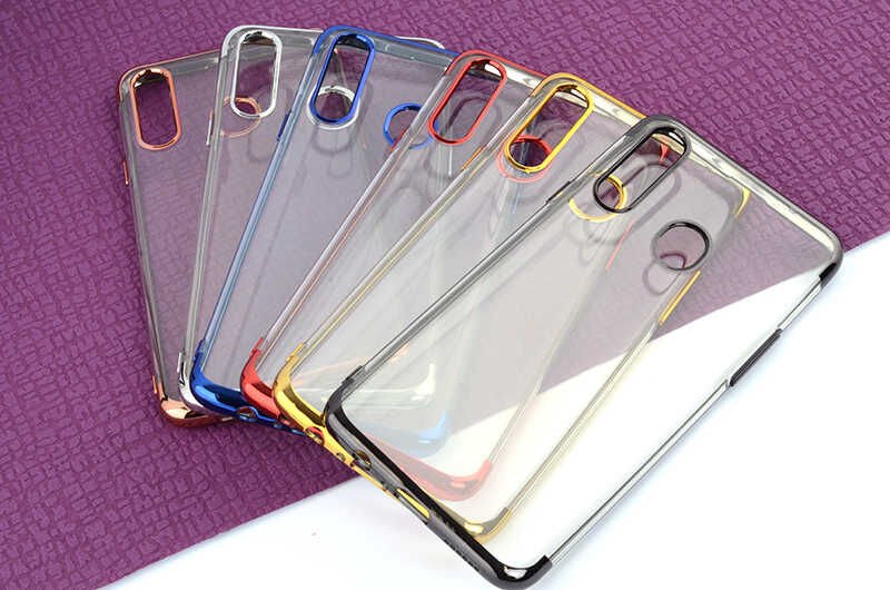 Samsung Galaxy A20S Kılıf Dört Köşe Renkli Lazer Şeffaf Silikon Kapak (GLİTTER) Mavi
