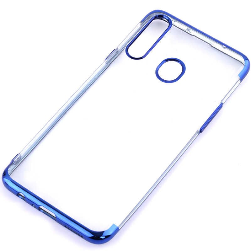Samsung Galaxy A20S Kılıf Dört Köşe Renkli Lazer Şeffaf Silikon Kapak (GLİTTER) Mavi