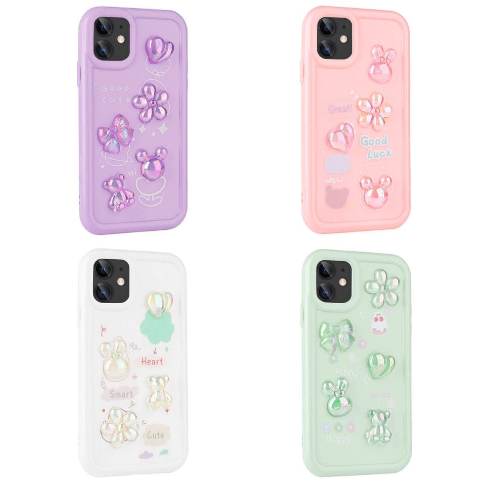 Apple  iPhone 12 Kılıf Kamera Korumalı Kabartma Figürlü Parlak Silikon Kapak (Toys) Mor