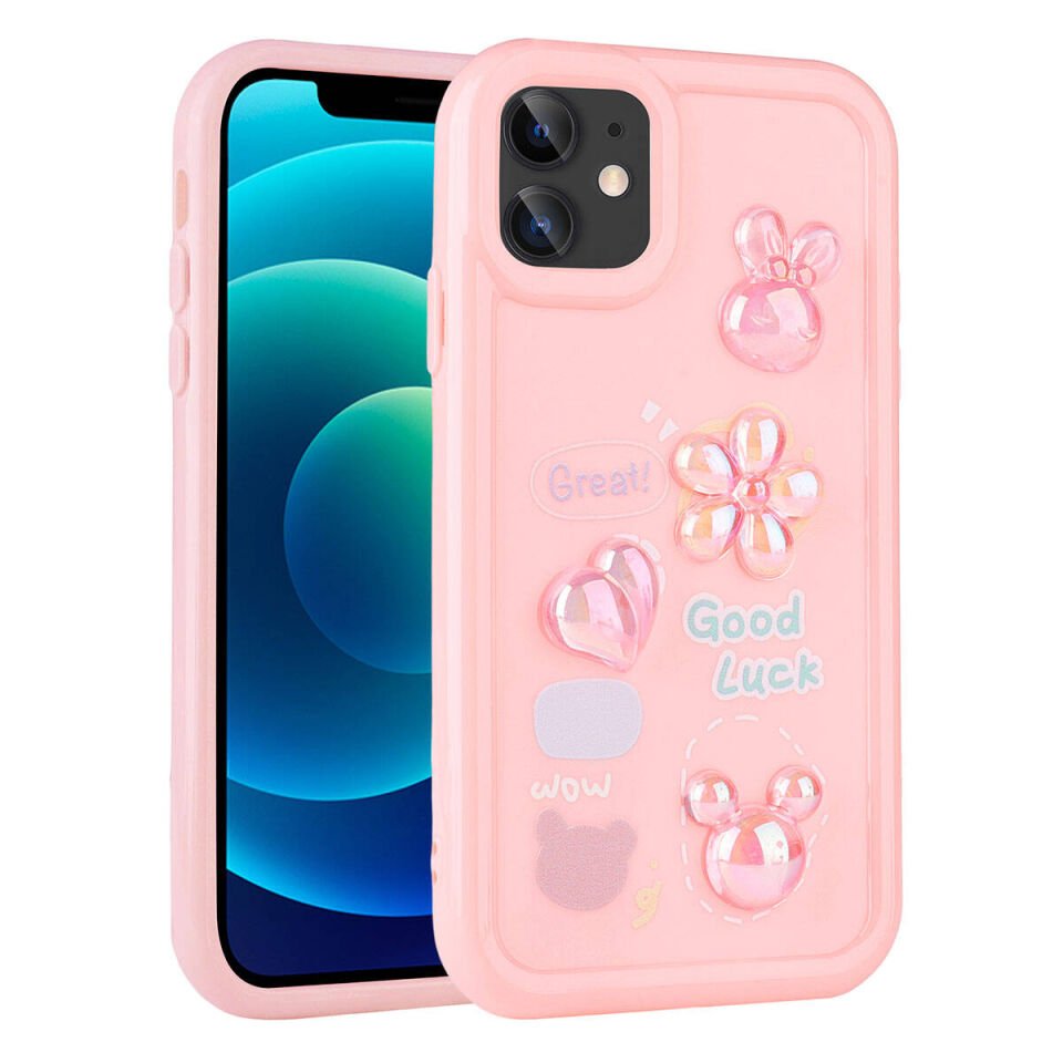 Apple  iPhone 12 Kılıf Kamera Korumalı Kabartma Figürlü Parlak Silikon Kapak (Toys) Pembe