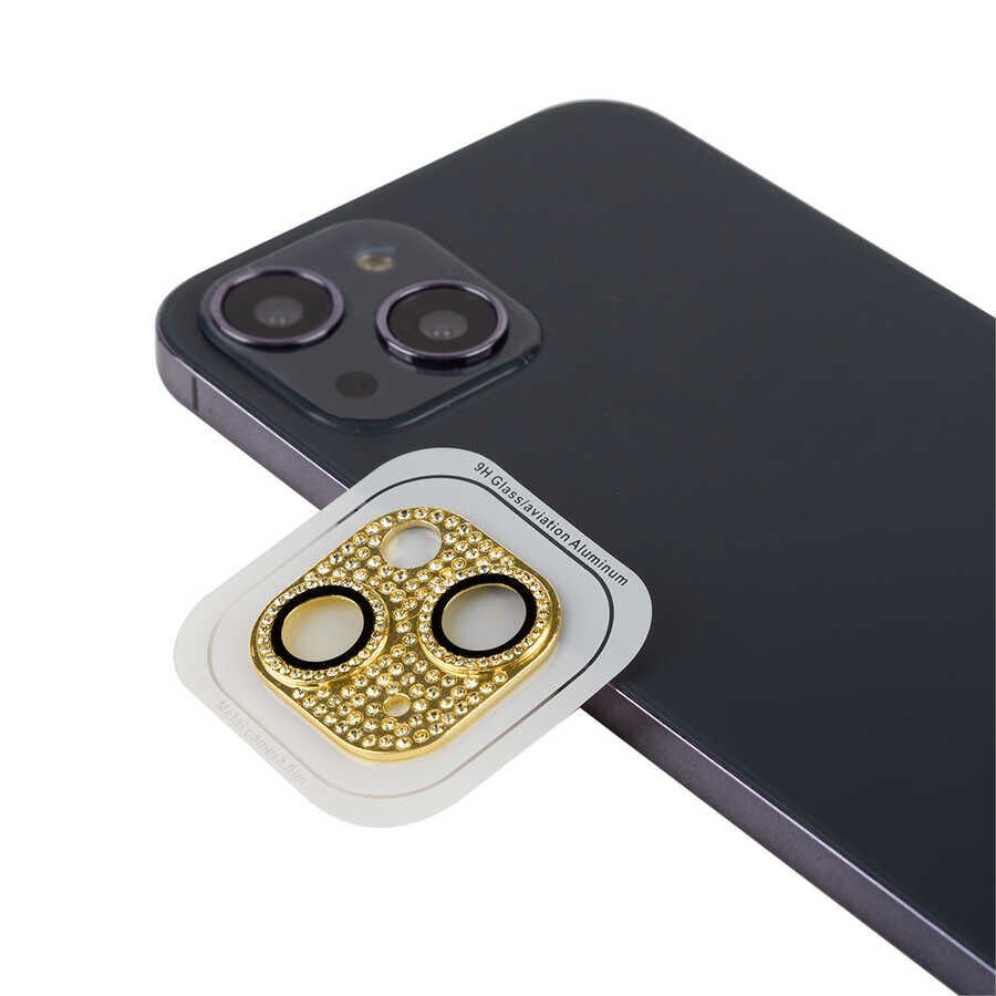 Apple iPhone 13 Mini Kamera Lens Koruyucu Parıldayan Taşlı ve Renkli Kolay Takma Aparatlı (CL-08) Gold