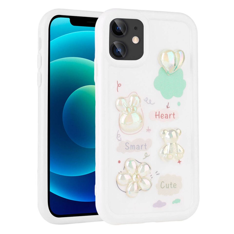 Apple  iPhone 12 Kılıf Kamera Korumalı Kabartma Figürlü Parlak Silikon Kapak (Toys) Beyaz