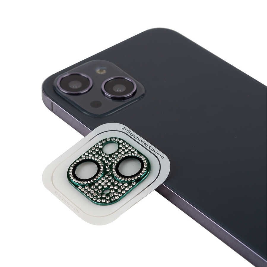 Apple iPhone 13 Mini Kamera Lens Koruyucu Parıldayan Taşlı ve Renkli Kolay Takma Aparatlı (CL-08) Koyu Yeşil