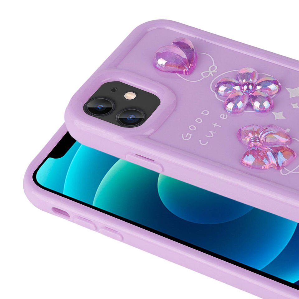 Apple  iPhone 12 Kılıf Kamera Korumalı Kabartma Figürlü Parlak Silikon Kapak (Toys) Açık Yeşil