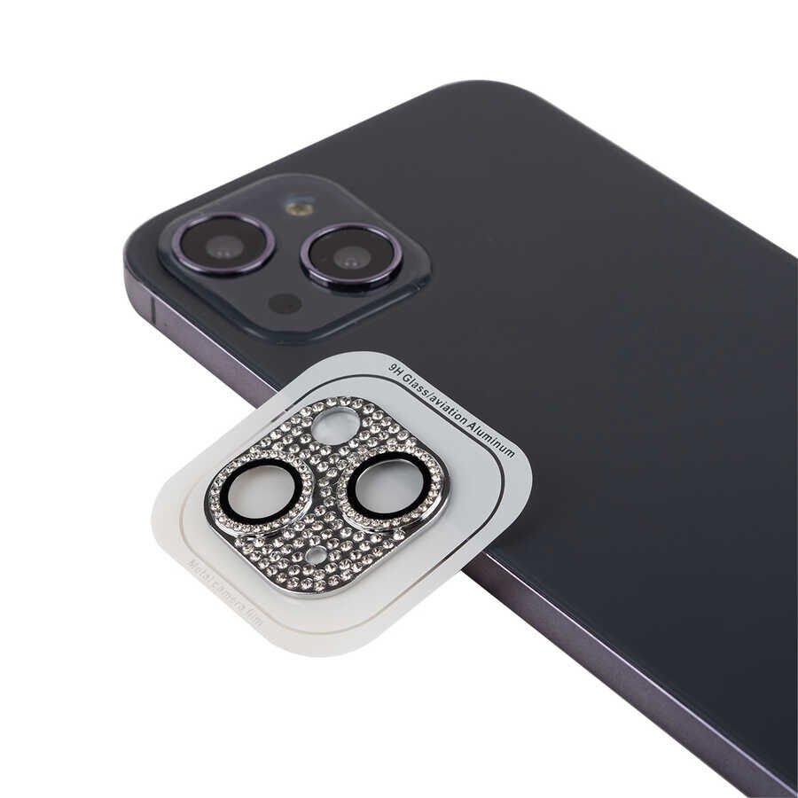 Apple iPhone 13 Mini Kamera Lens Koruyucu Parıldayan Taşlı ve Renkli Kolay Takma Aparatlı (CL-08) Gümüş