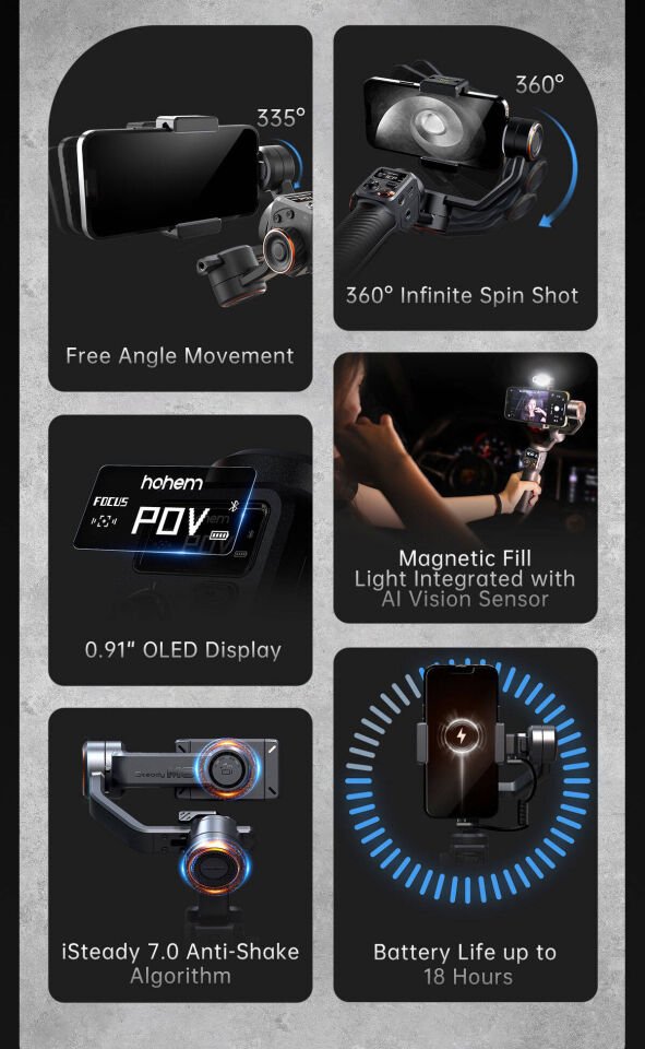 Eksenli El Tipi AI Yapay Zeka Görüş Sensörlü Gimbal Stabilizatör Siyah