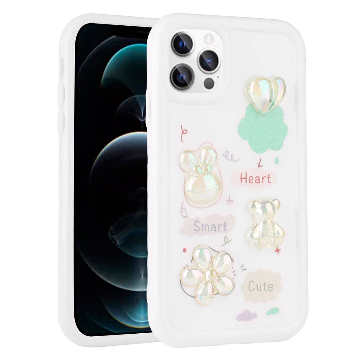 Apple  iPhone 12 Pro Kılıf Kamera Korumalı Kabartma Figürlü Parlak Silikon Kapak (Toys) Beyaz