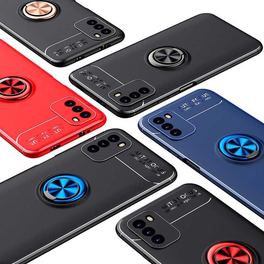 Xiaomi Poco M3 Kılıf Kamera Çıkıntılı Renkli Yüzüklü Standlı Mıknatıslı Kapak (RAVEL) Siyah-Mavi