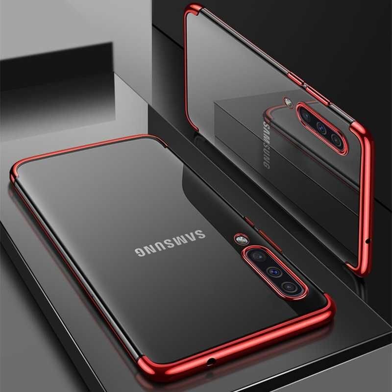 Samsung Galaxy A30S Kılıf Dört Köşe Renkli Lazer Şeffaf Silikon Kapak (GLİTTER) Kırmızı