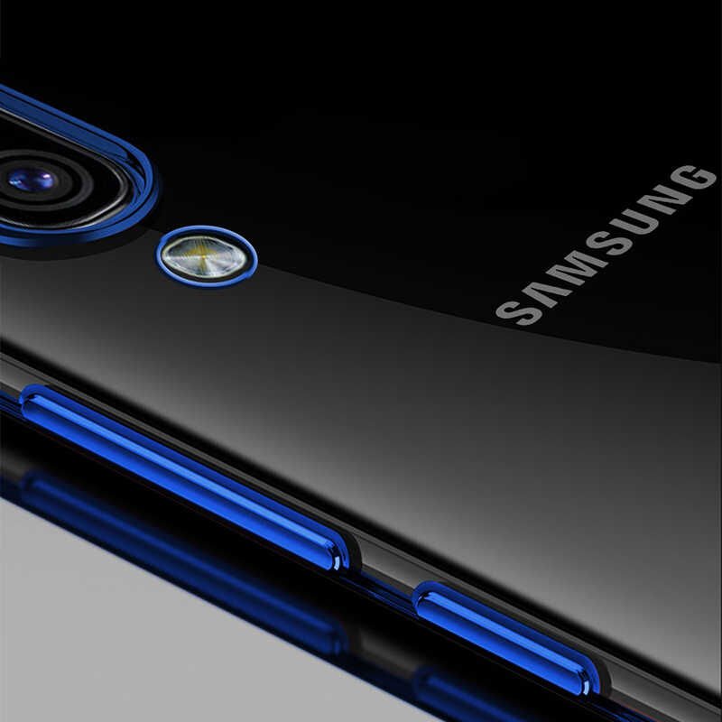 Samsung Galaxy A30S Kılıf Dört Köşe Renkli Lazer Şeffaf Silikon Kapak (GLİTTER) Mavi