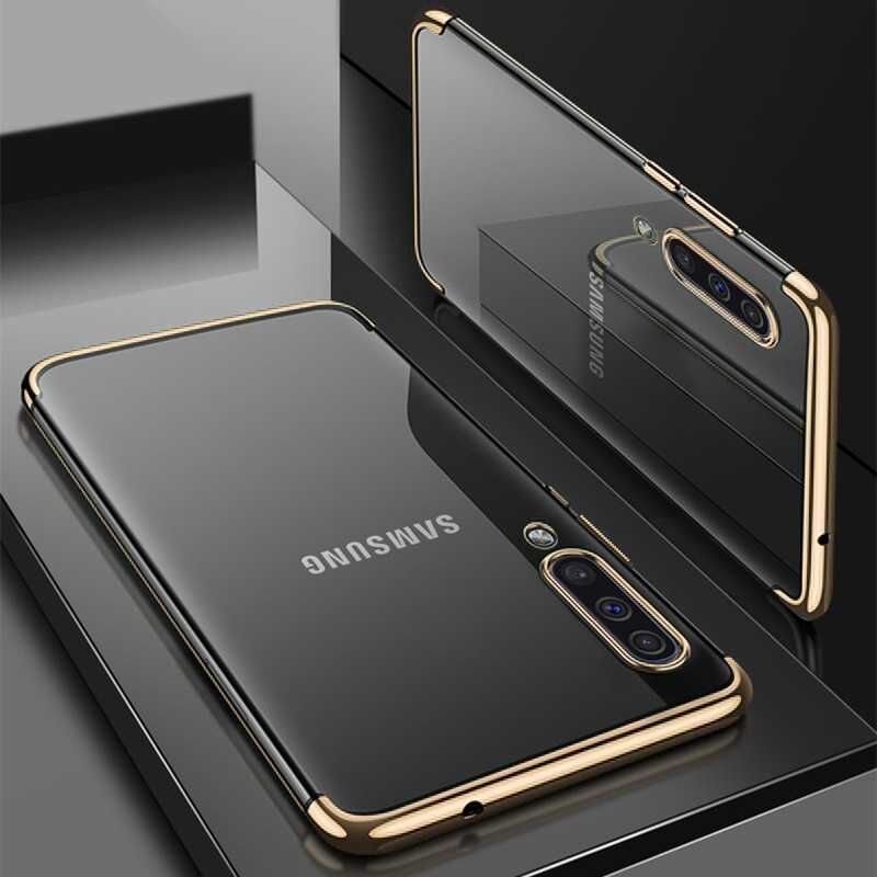 Samsung Galaxy A30S Kılıf Dört Köşe Renkli Lazer Şeffaf Silikon Kapak (GLİTTER) Gold