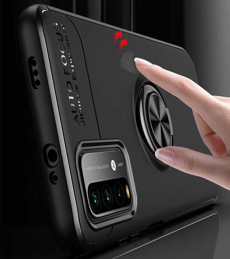 Xiaomi Redmi Note 9 4G Kılıf Kamera Çıkıntılı Renkli Yüzüklü Standlı Mıknatıslı Kapak (RAVEL) Siyah-Mavi