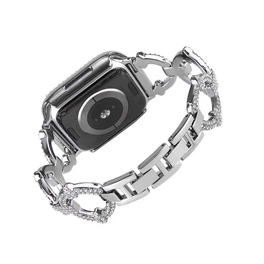 Apple Watch 2/3/4/5/6/7/8/se/nike 38mm 40mm 41mm Metal Kordon Tasarım (KRD-57) Gümüş