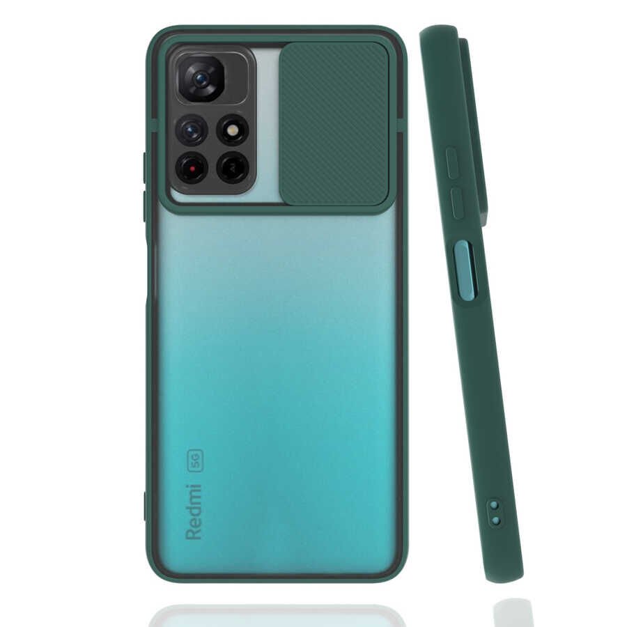 Xiaomi Poco M4 Pro 5G Kılıf Slayt Sürgülü Kamera Korumalı Renkli Silikon Kapak Koyu Yeşil