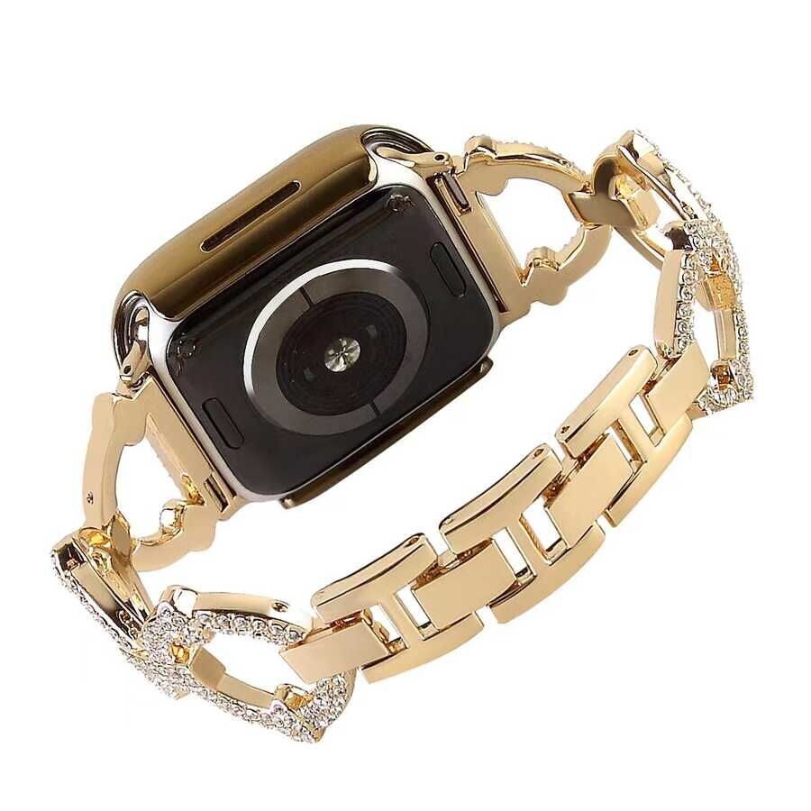 Apple Watch 2/3/4/5/6/7/8/se/ultra/nike 42mm 44mm 45mm 49mm Metal Kordon Tasarım (KRD-57) Gold