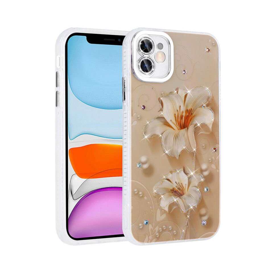 Apple iPhone 11 Kılıf Çiçek Desenli Parlak Taşlı Sert Silikon HEPTEKİLETİŞİM Garden Kapak