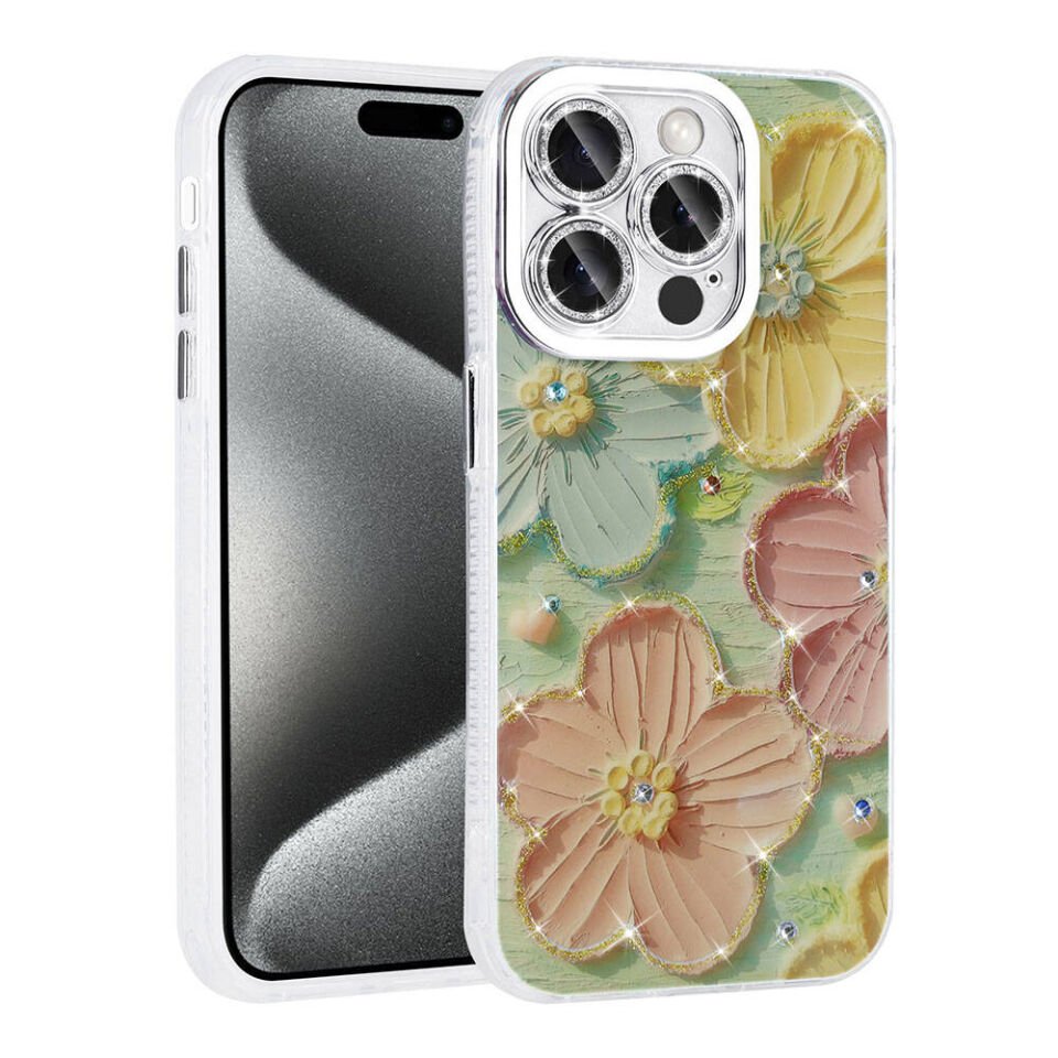 Apple iPhone 14 Pro Max Kılıf Çiçek Desenli Parlak Taşlı Sert Silikon HEPTEKİLETİŞİM Garden Kapak