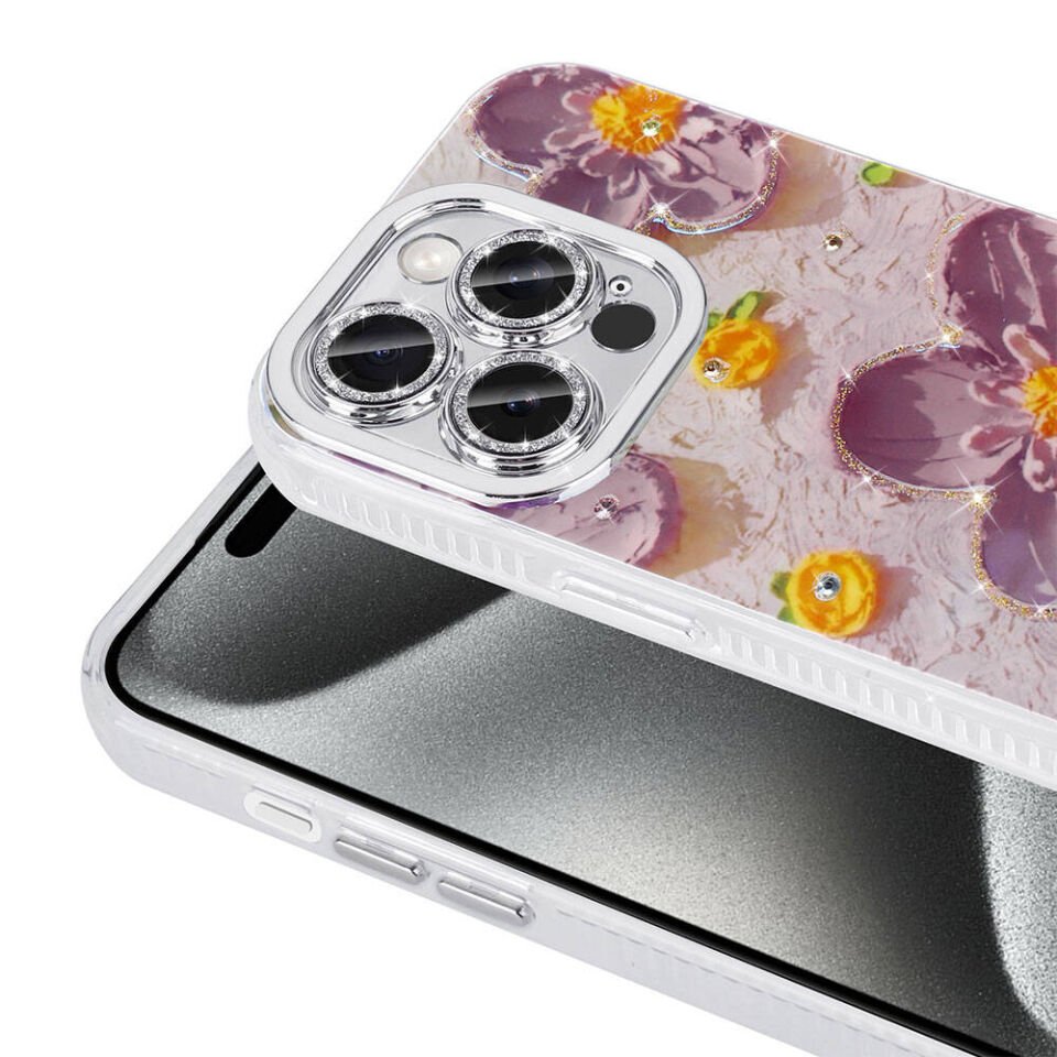 Apple iPhone 14 Pro Max Kılıf Çiçek Desenli Parlak Taşlı Sert Silikon HEPTEKİLETİŞİM Garden Kapak