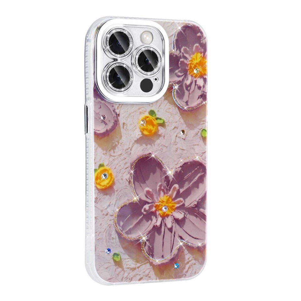 Apple iPhone 14 Pro Max Kılıf Çiçek Desenli Parlak Taşlı Sert Silikon HEPTEKİLETİŞİM Garden Kapak