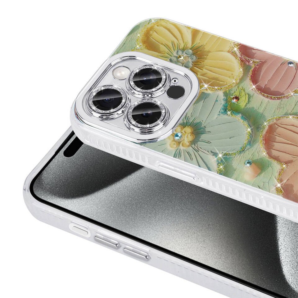 Apple iPhone 14 Pro Max Kılıf Çiçek Desenli Parlak Taşlı Sert Silikon HEPTEKİLETİŞİM Garden Kapak