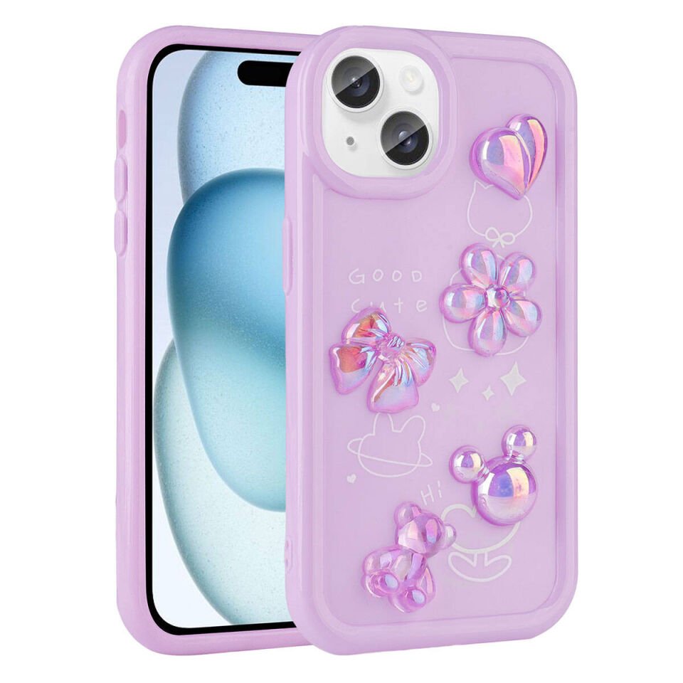 Apple  iPhone 14 Kılıf Kamera Korumalı Kabartma Figürlü Parlak Silikon Kapak (Toys) Mor