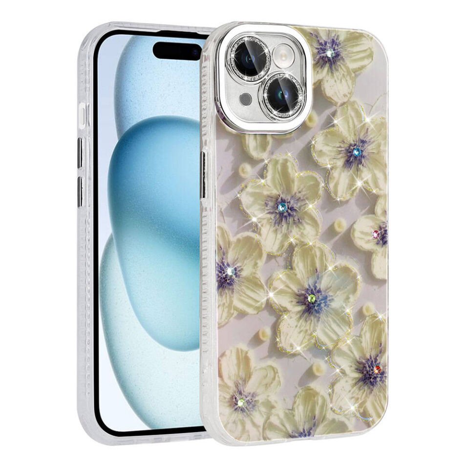 Apple iPhone 15 Kılıf Çiçek Desenli Parlak Taşlı Sert Silikon HEPTEKİLETİŞİM Garden Kapak